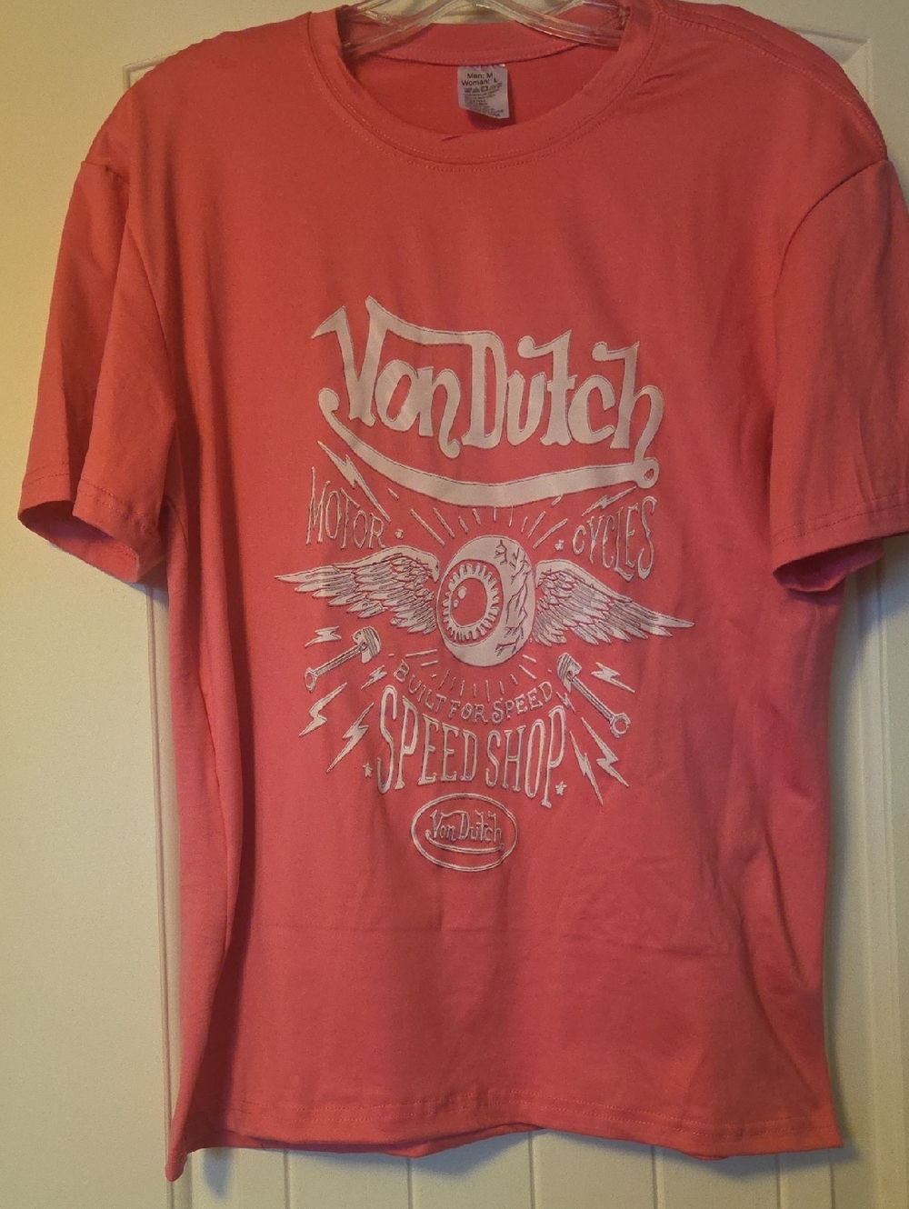 Von Dutch Coral-Pink Graphic Tee with Speed Shop Print